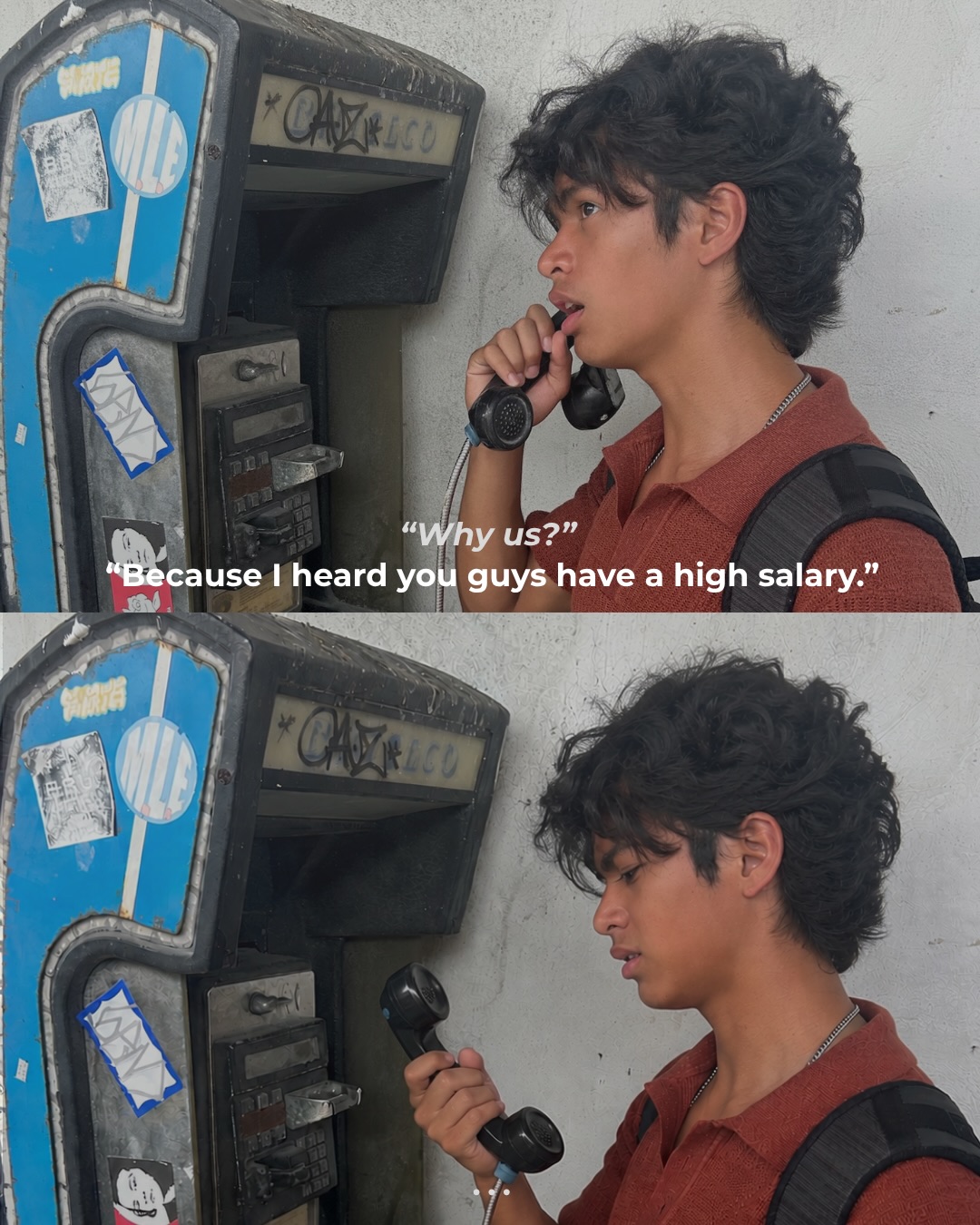 ‘Why us?’ ‘Because I heard you guys have a high salary.’ Aidan looks at the phone after the call ends.